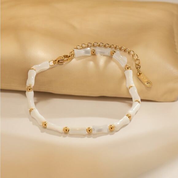 NEW 18K yellow gold plated bamboo beaded shell bracelet jewelry B23B - Picture 3 of 4